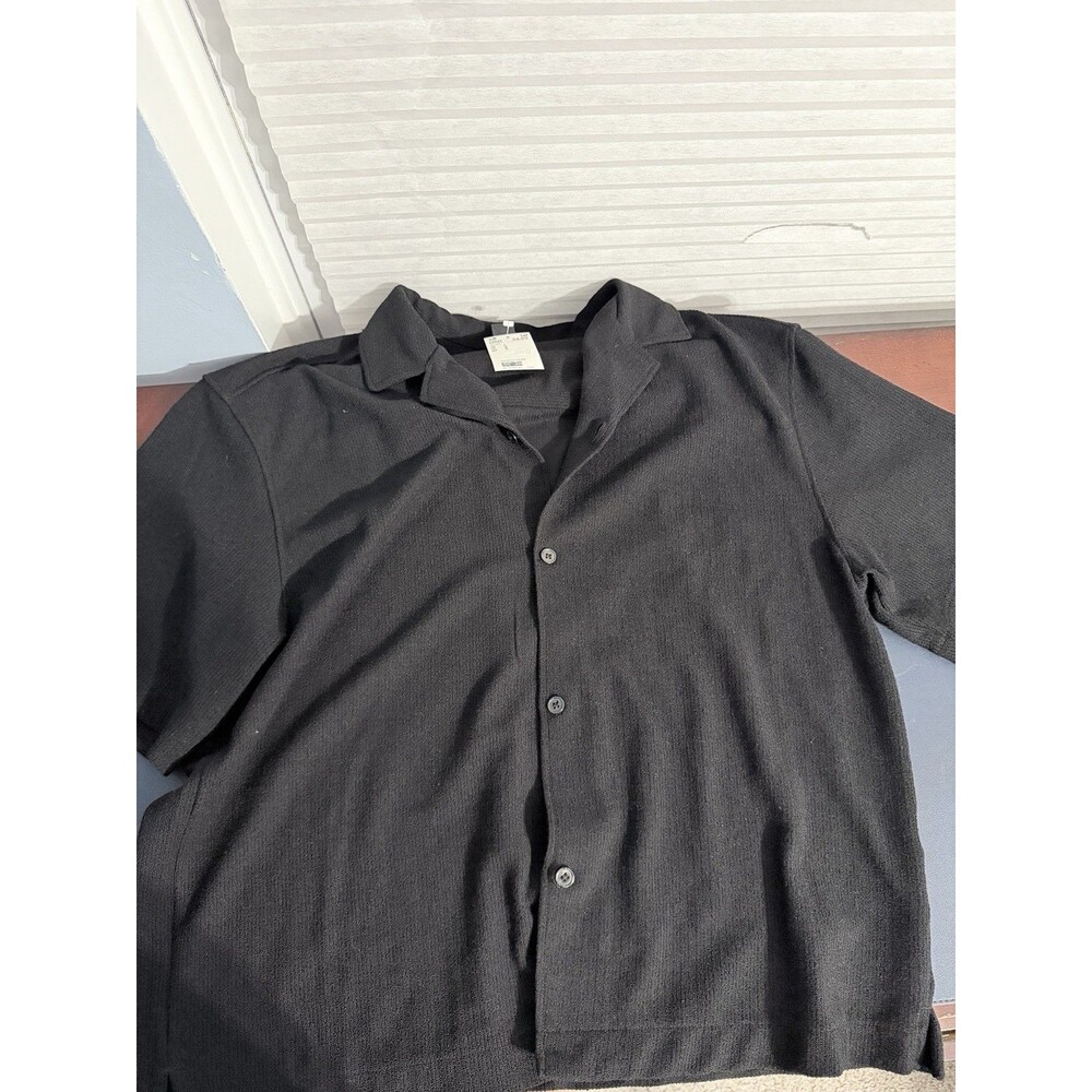 H&M Mens Black Short Sleeve Button Down Shirt Relaxed Fit Size L New